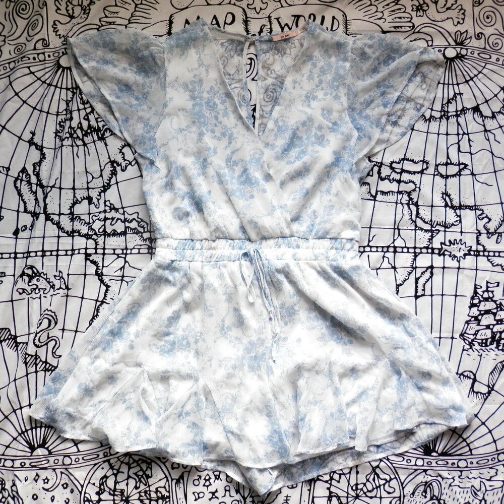 Francesca's || Whispy Blue Floral Godet Romper